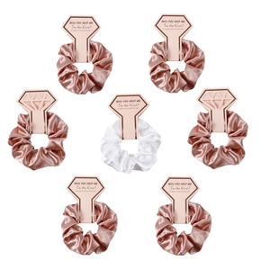 Detailed set of 7 satin scrunchies on diamond card displays for bridesmaid gifts
