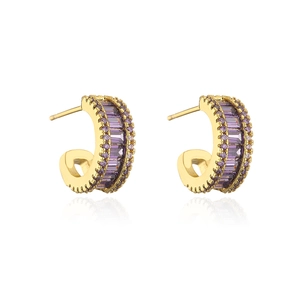 Luxury 18K gold plated C-shaped earrings featuring purple zircon baguette and round stones