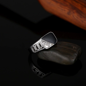 Classic men's silver ring with black enamel inlay and white crystals on black stone