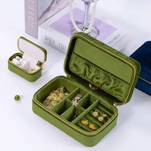 Velvet Jewelry Box Portable Travel Organizer Zipper Closure Small Trinket Storage Ring Earring Necklace Elegant Solid Color