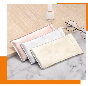 Three metallic PU leather sunglasses pouches in rose gold, silver and gold finishes