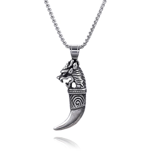 Retro stainless steel dragon head and tiger tooth totem pendant with square box chain