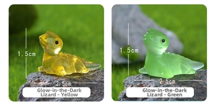 Macro detail of 2.5cm luminous resin lizard figurines in yellow and green for mini gardens