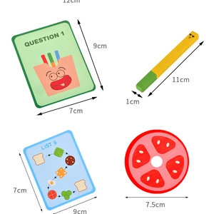 Detailed dimension guide for wooden play food set including cards and play pieces
