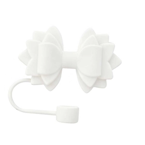 Close-up of a white silicone bow straw topper with a secure anti-lost strap for tumblers