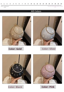 Sparkling spherical evening bag collection in gold silver black and pink with metal handles