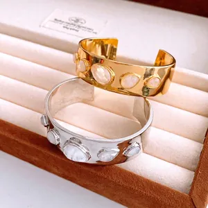 18K gold plated teardrop open bangle set with opal stones in gold and silver finish