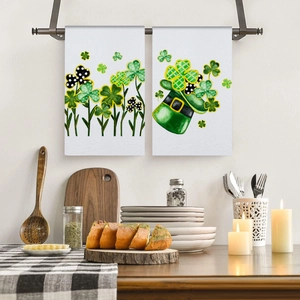 Microfiber St. Patrick's Day towels with green shamrock and leprechaun hat prints