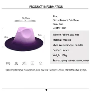 Western style gradient felt jazz fedora hat with wide brim for men and women outdoors