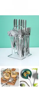 Polished silver stainless steel cutlery set of 24 pieces with a metal storage rack