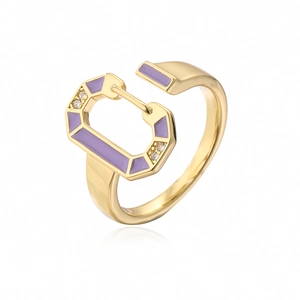 Detail of 18K gold-plated open ring featuring lavender enamel and sparkling zircon accents