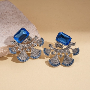 Vintage silver needle earrings with blue square gemstone and fan-shaped rhinestones