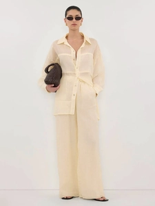 Women Cotton Long Sleeve Button Down Shirt And Wide Leg Pants Casual Breathable Vacation Loungewear Lightweight