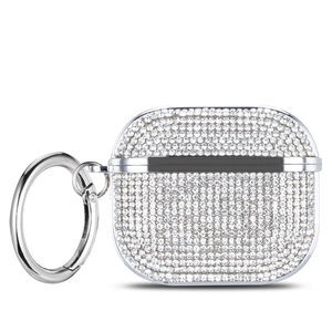Macro detail of sparkling diamond-studded AirPods Pro case with silver spring clip
