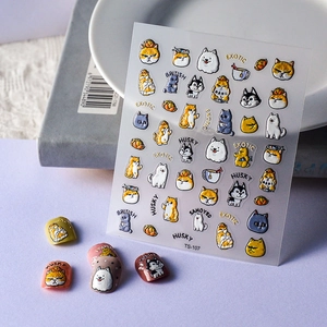 5D Embossed Nail Stickers Cute Cartoon Animal Husky Dog Cat Relief Design Waterproof Self Adhesive Kawaii Manicure Decal