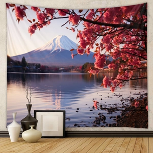 Detailed close-up of a Japanese Mount Fuji and pink cherry blossom landscape tapestry