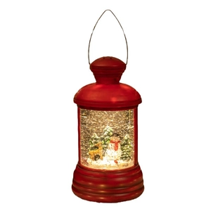 Christmas lantern music box with snowman and reindeer scenery in red vintage frame