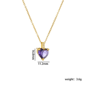 Elegant gold heart necklace with purple zircon pendant and product dimensions