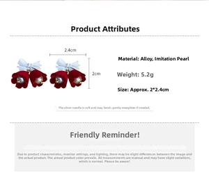 Detail specifications of Christmas bow earrings with pearls and red floral pendants