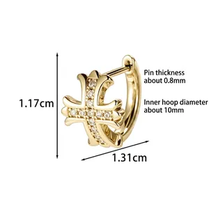 Gold cross earrings set with white cubic zirconia featuring 10mm inner diameter hoops