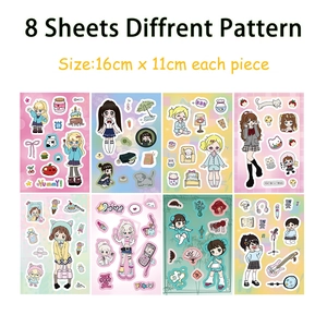 Set of 8 colorful Korean style cartoon girl stickers for phone case and DIY journaling