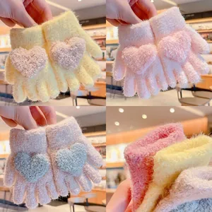 Kids warm knit winter gloves with plush 3D heart pattern in colorful pastel shades