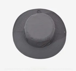 Detail view of the wide brim sun hat showing breathable mesh and reinforced stitching