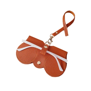 Portable orange PU leather eyeglass case with litchi texture and metal snap hook