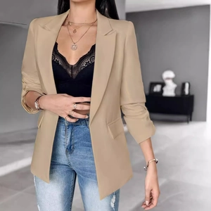 Chaqueta blazer casual color caqui para mujer con solapa de muesca y bolsillos de tapa