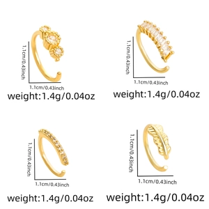 Detailed view of four golden nose ring styles with leaf shapes and zircon inlay sizes