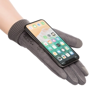 Winter thermal grey suede touch screen cycling gloves for men and women with knit cuffs