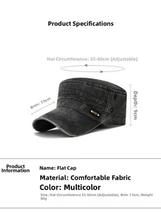 Detail view of washed denim cadet cap with metal eyelets and adjustable strap measurements