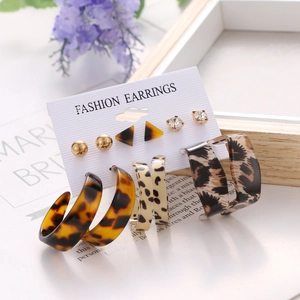 Set of six creative earrings featuring gold pearls, leopard resin, and geometric designs