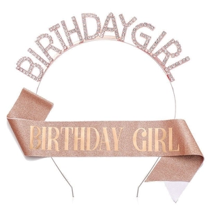 Close-up of rose gold birthday girl headband with rhinestones and matching glitter sash