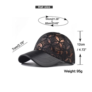 Detail view of the checkered baseball cap with adjustable strap and size measurements