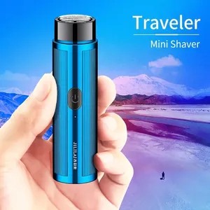 Portable mini electric shaver for men with blue metallic finish and travel design