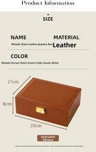 Detailed size chart for leather jewelry box showing dimensions 23x17x8cm and three colors