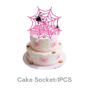 Rosa Spinnennetz Happy Birthday Kuchendeko mit schwarzen Spinnen für Mottopartys
