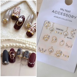 3D Nail Stickers With Faux Artificial Pearl And Metal Ring Design Elegant Relief Nail Art Decals For Women DIY Decoration