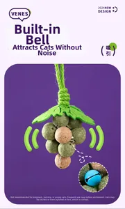 Grape-shaped catnip toy with built-in bell and hemp rope for dental cleaning
