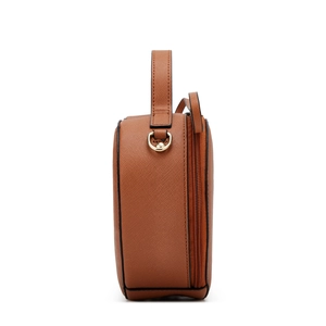 Side view of heart-shaped handbag in brown Saffiano leather with gold hardware