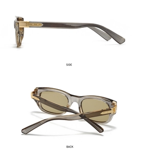 Detail view of transparent grey aviator sunglasses with gold hinges and yellow lenses