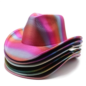 Rainbow iridescent cowboy hats for festivals featuring metallic gradient finish and party style