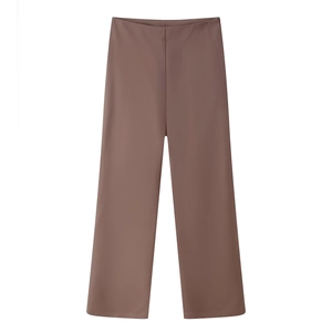 Women's high waist coffee brown wide leg trousers with smooth drape and clean aesthetic