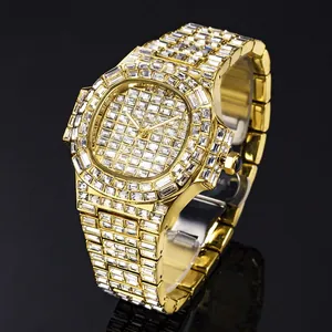 Luxurious gold-tone watch for men with full zircon crystals and octagonal bezel