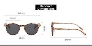 Detailed size chart of round vintage matte sunglasses with brown leopard print frame