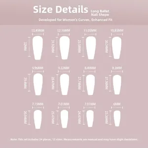 Size chart showing 12 dimensions for long coffin press-on nails with 24 pieces set