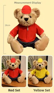 Detail view of 28cm plush teddy bears in red and yellow outfits with soft fur texture
