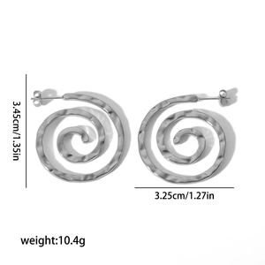 Detail view of silver fan-shaped swirl earrings with dimensions and weight specs