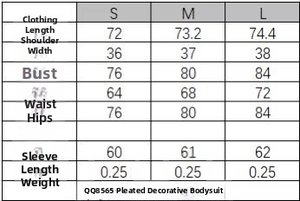 Size chart detail for pleated nylon bodysuit showing length, bust, and waist measurements